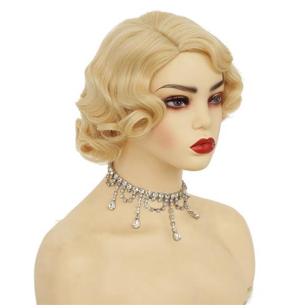 Women Blonde Curly Wig Short 20s 30s Finger Wave Retro Wave Synthetic Fancy - Picture 4 of 7